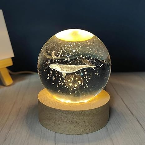 Crystal Ball LED Night Light with Wooden Base – 3D Galaxy Glass Lamp for Room Decor & Gifting (USB Powered)