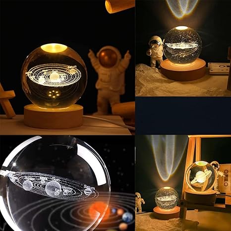 Crystal Ball LED Night Light with Wooden Base – 3D Galaxy Glass Lamp for Room Decor & Gifting (USB Powered)
