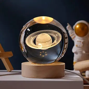 Crystal Ball LED Night Light with Wooden Base – 3D Galaxy Glass Lamp for Room Decor & Gifting (USB Powered)