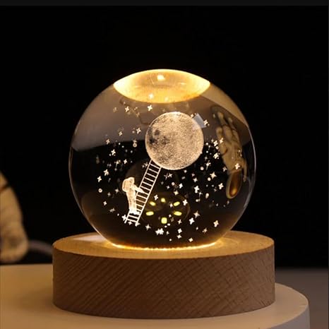 Crystal Ball LED Night Light with Wooden Base – 3D Galaxy Glass Lamp for Room Decor & Gifting (USB Powered)