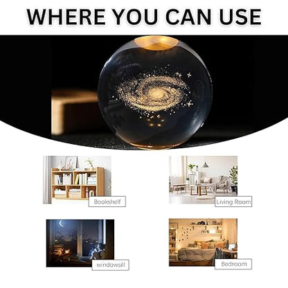Crystal Ball LED Night Light with Wooden Base – 3D Galaxy Glass Lamp for Room Decor & Gifting (USB Powered)