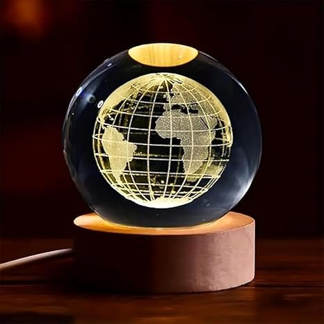 Crystal Ball LED Night Light with Wooden Base – 3D Galaxy Glass Lamp for Room Decor & Gifting (USB Powered)