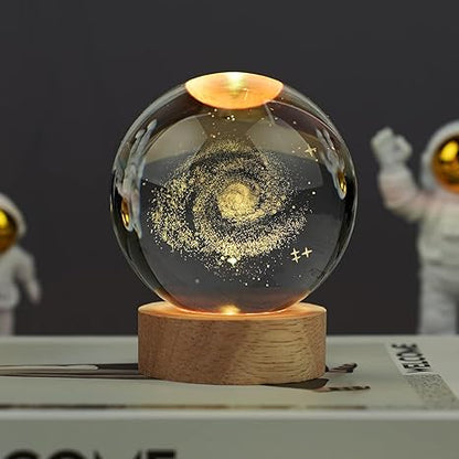 Crystal Ball LED Night Light with Wooden Base – 3D Galaxy Glass Lamp for Room Decor & Gifting (USB Powered)